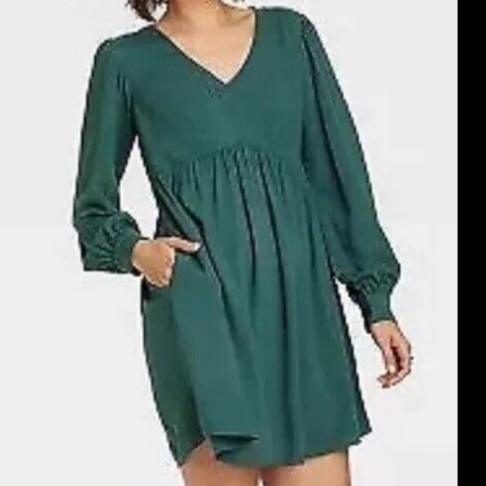 Green Mini Dress Long Sleeve Target Bishop A-line Knox Rose Textured Boho